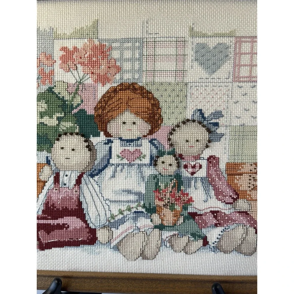 Vintage Needlepoint Handmade Wall Art Wood Frame Mother & Daughters Dolls 15x12